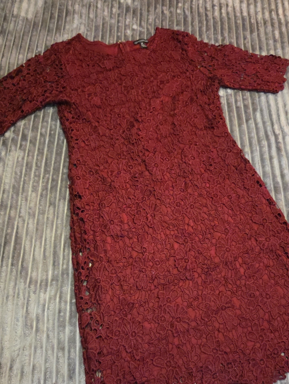 Nina Leonard Burgundy Floral Lace Midi Dress